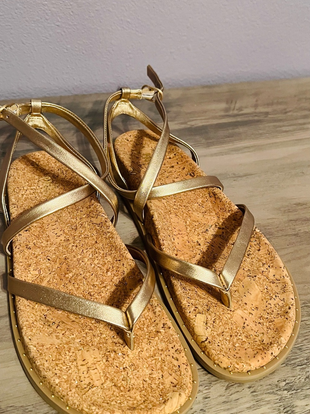 PAIGE Metallic Gold Cork-Textured Strappy Women’s Sandals
